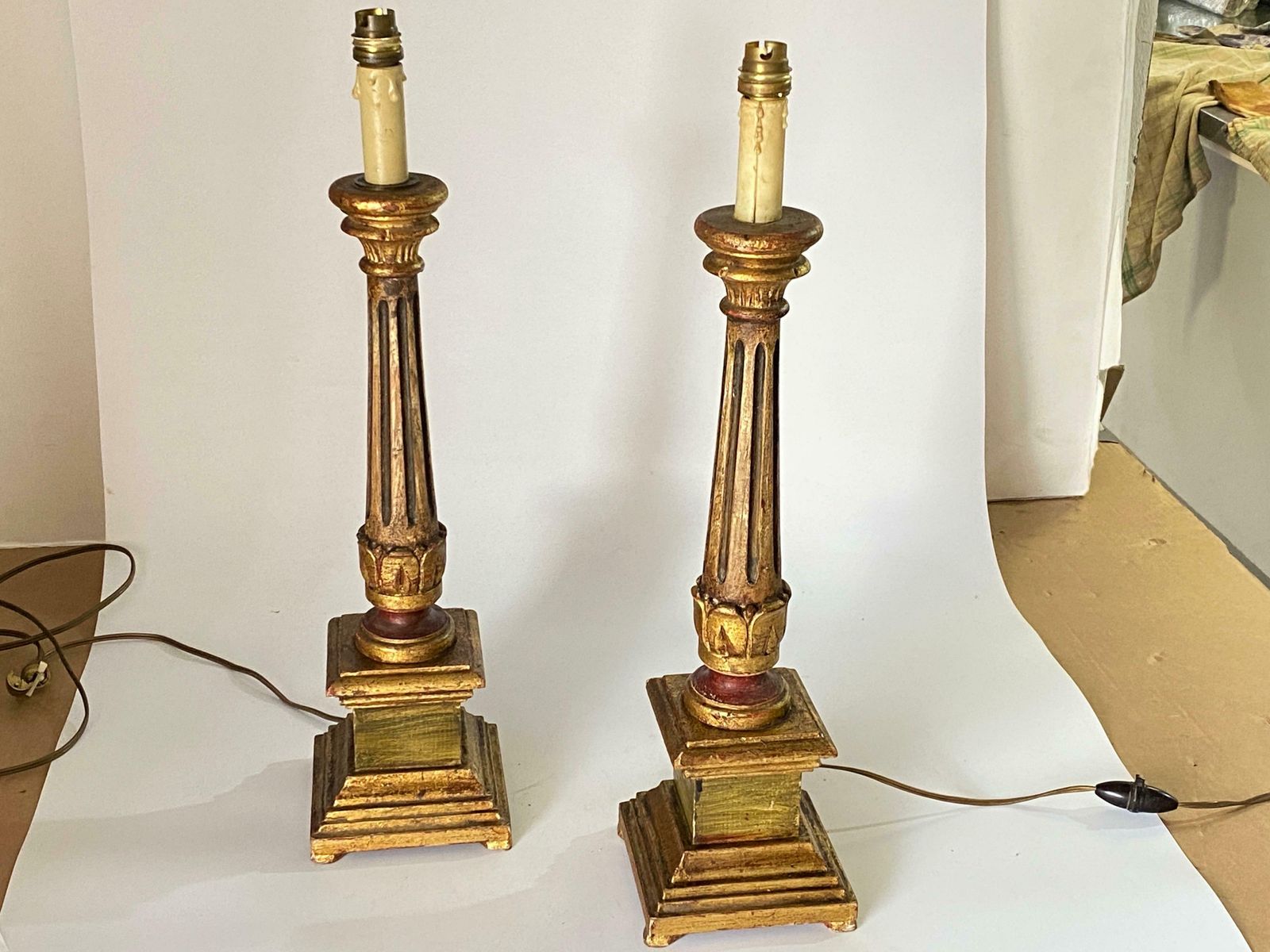 930.0 Italian Pair Of Gilt Wood Table Lamps,Italy Early 20th Century photo