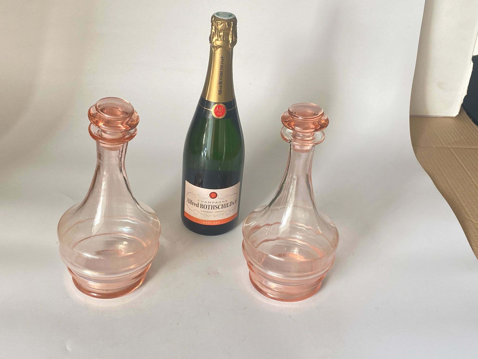 Decorative Vintage Pink Glass Bottles In Glass, France Circa 1940 Set Of 2 photo buy
