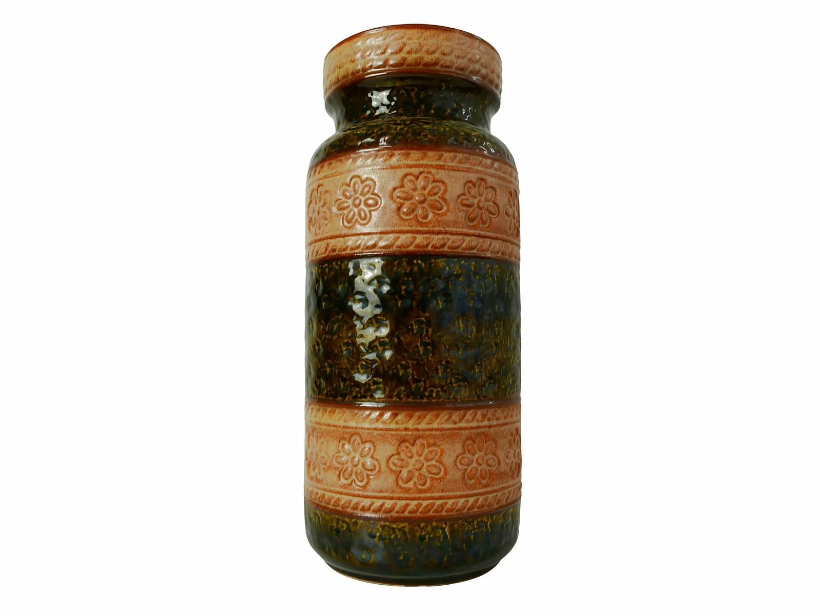 West German Green Ochre With Flower Design Floor Vase, Bay, 1970’s photo Home Decor