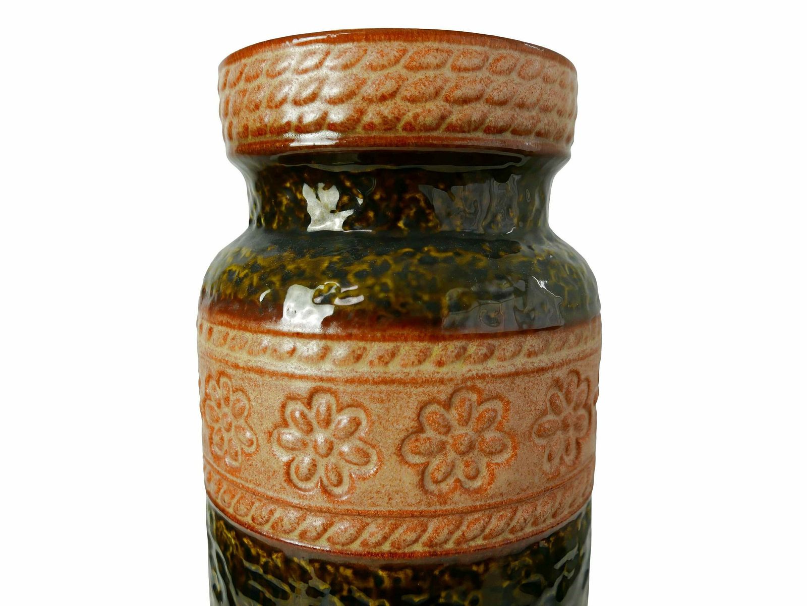 West German Green Ochre With Flower Design Floor Vase, Bay, 1970’s photo vintage