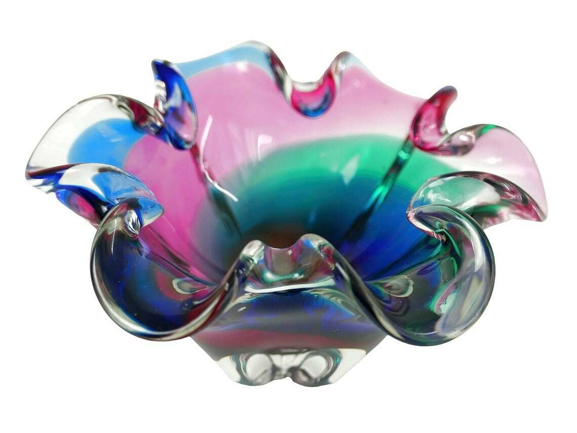 Murano Italian Art Glass Dish, Green Pink Blue Swirl, 1960’s photo furniture