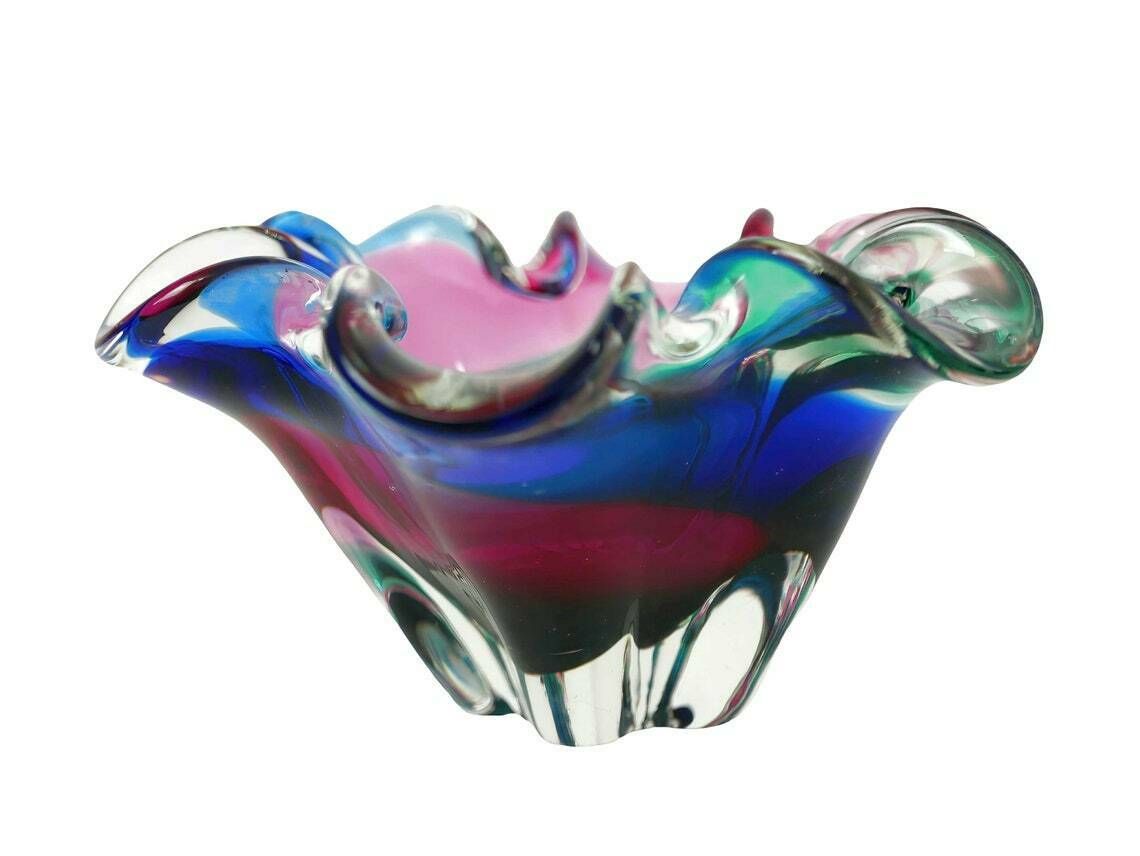 Murano Italian Art Glass Dish, Green Pink Blue Swirl, 1960’s photo 75.0