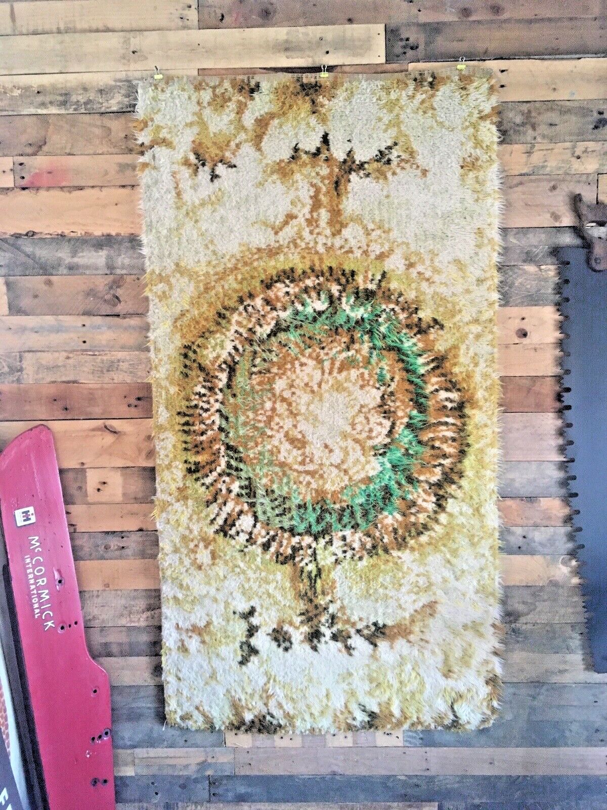 Textiles Mid Century Scandi 60's Psychadelic Shag Wool Rug Wall Hanging Rya Vintage Retro photo