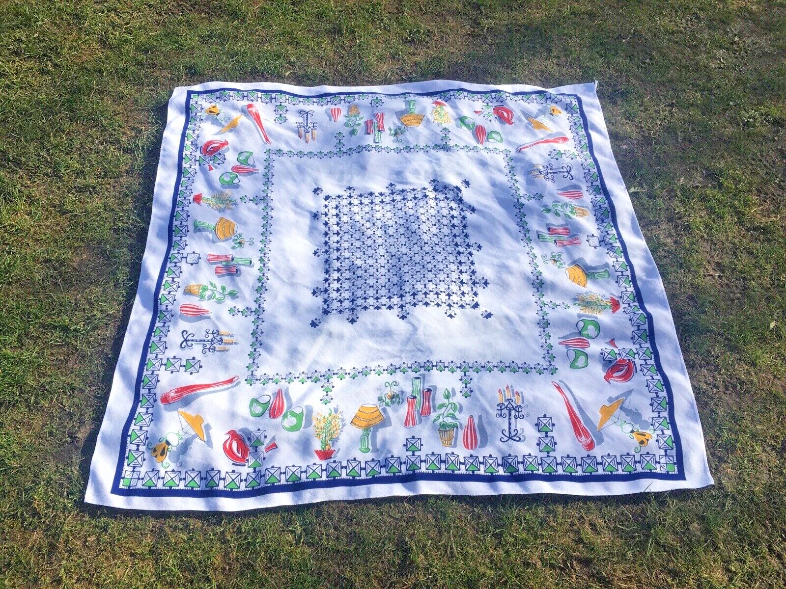 Mid Century Modern 50's Furnishings Square Colourful Table Cloth Vintage Retro photo for sale