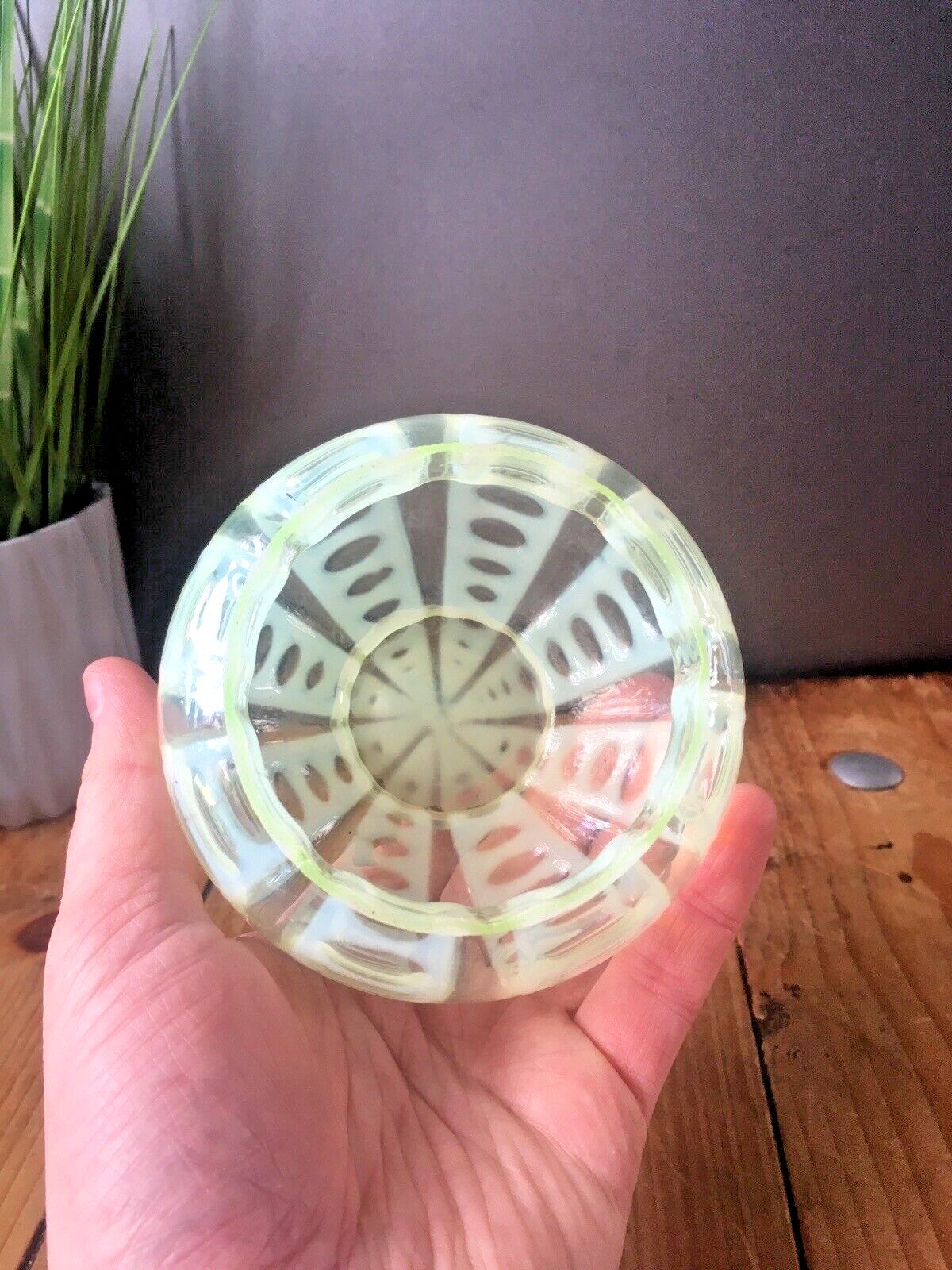 Antique Vaseline Glass Opalescent Uranium Posy Flower Frog Vase Sugar Bowl ? photo vintage