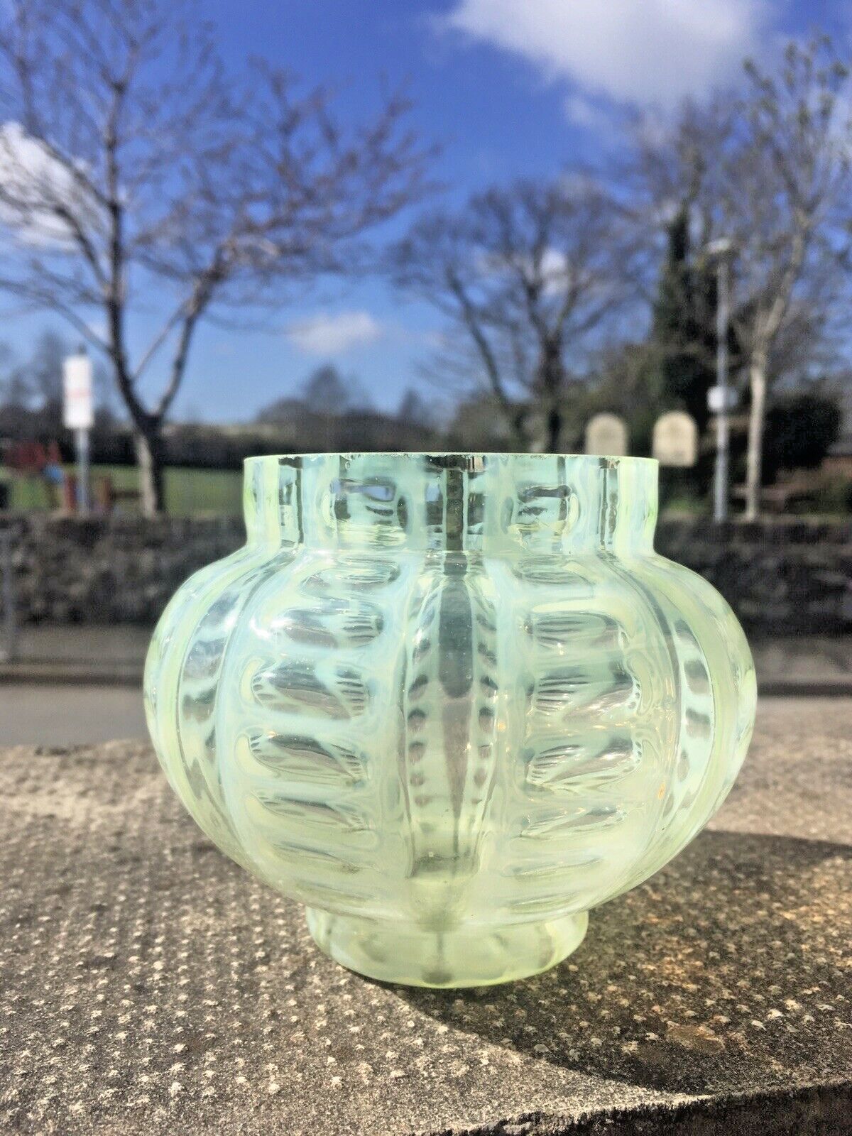 110.0 Antique Vaseline Glass Opalescent Uranium Posy Flower Frog Vase Sugar Bowl ? photo