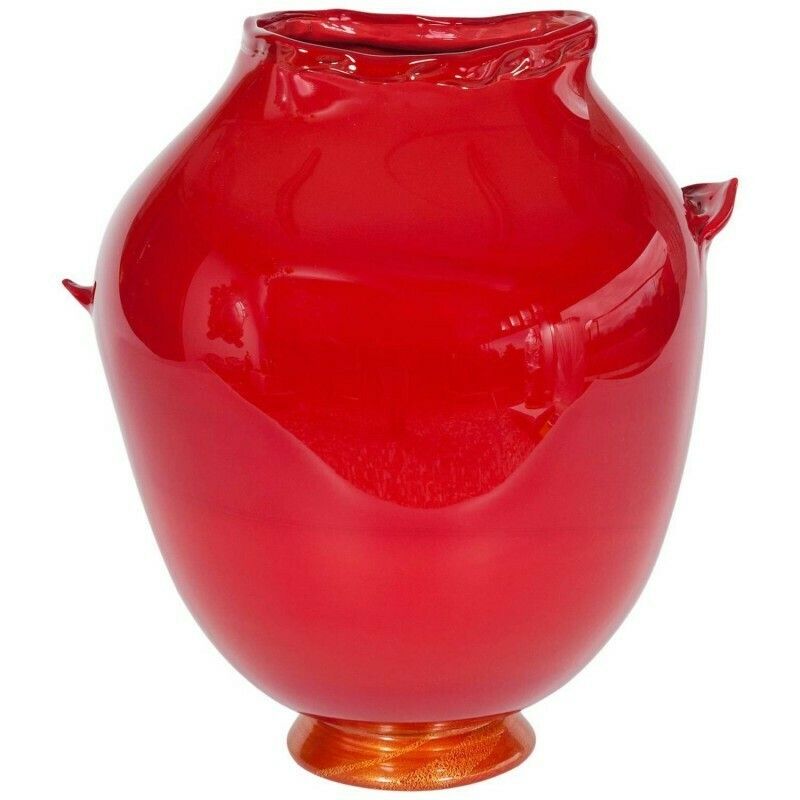 Handcrafted Vase In Blown Murano Glass Red & Gold Finishes 1980s Italy