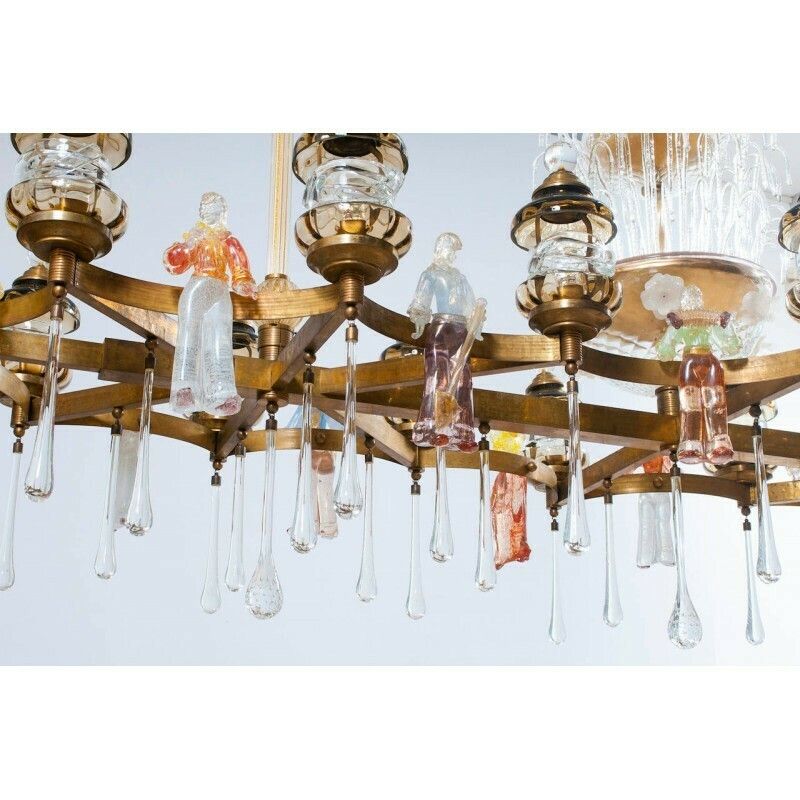 Flush Mount Blown Murano Glass Colorful Statues And Brass 1950s Italy * photo vinterior
