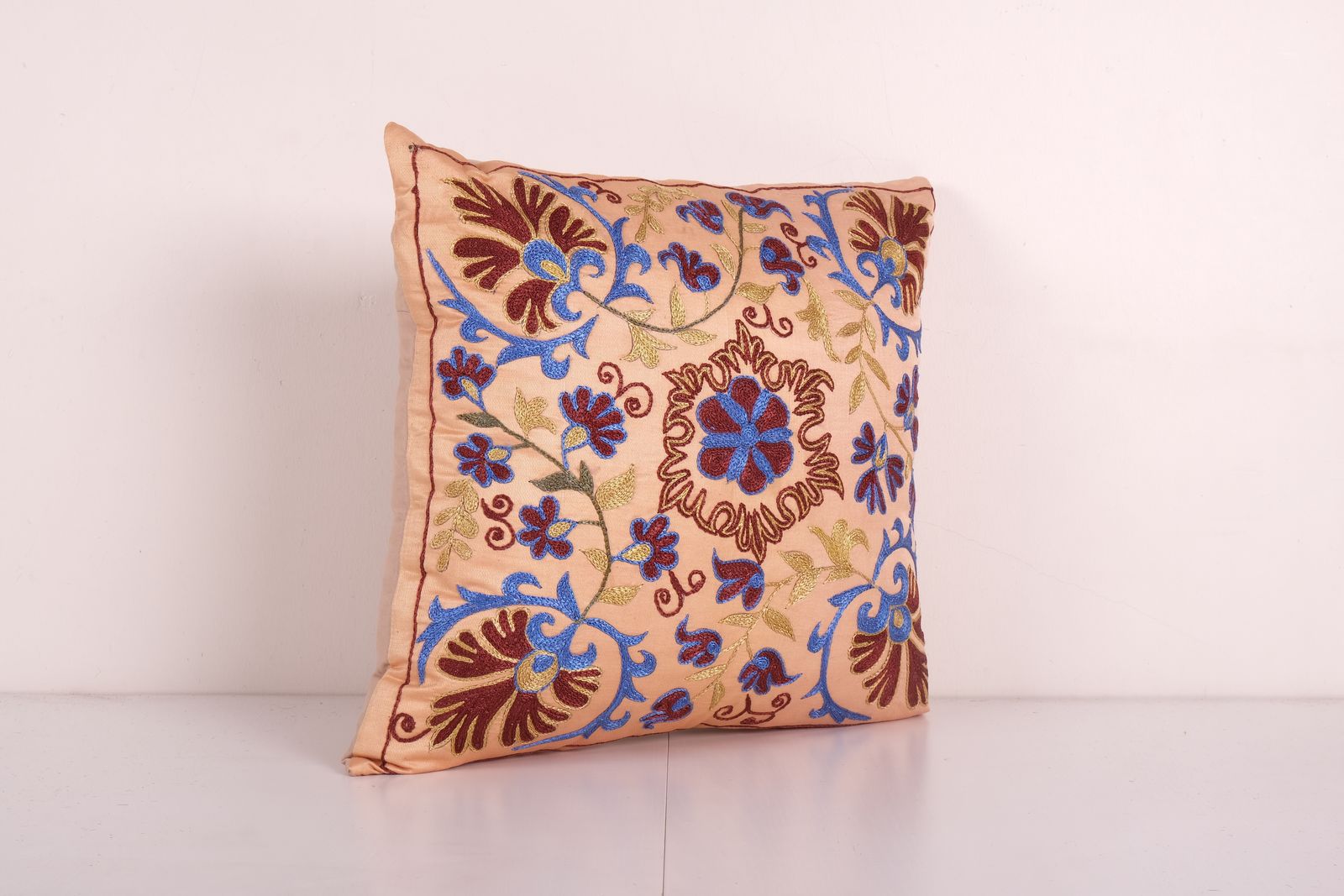 Handmade Silk Suzani  Cover, Salmon Embroidered Uzbek Pillowcase, Designer 18'' X 19'' photo furniture