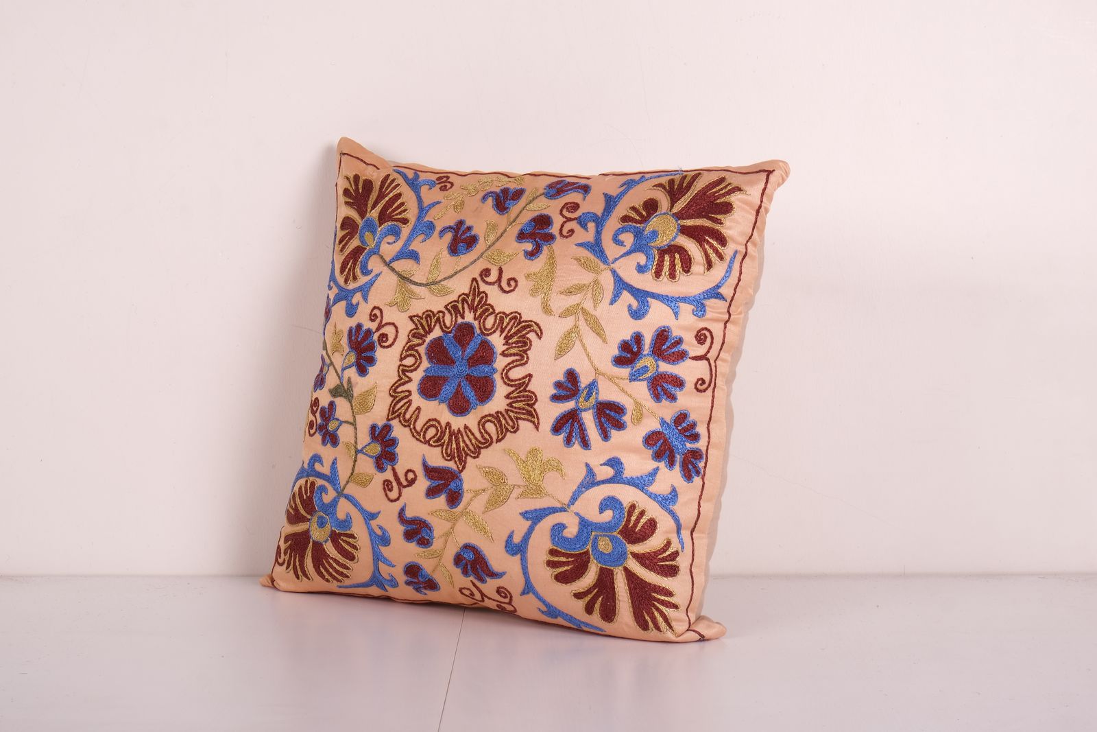 Handmade Silk Suzani  Cover, Salmon Embroidered Uzbek Pillowcase, Designer 18'' X 19'' photo Textiles