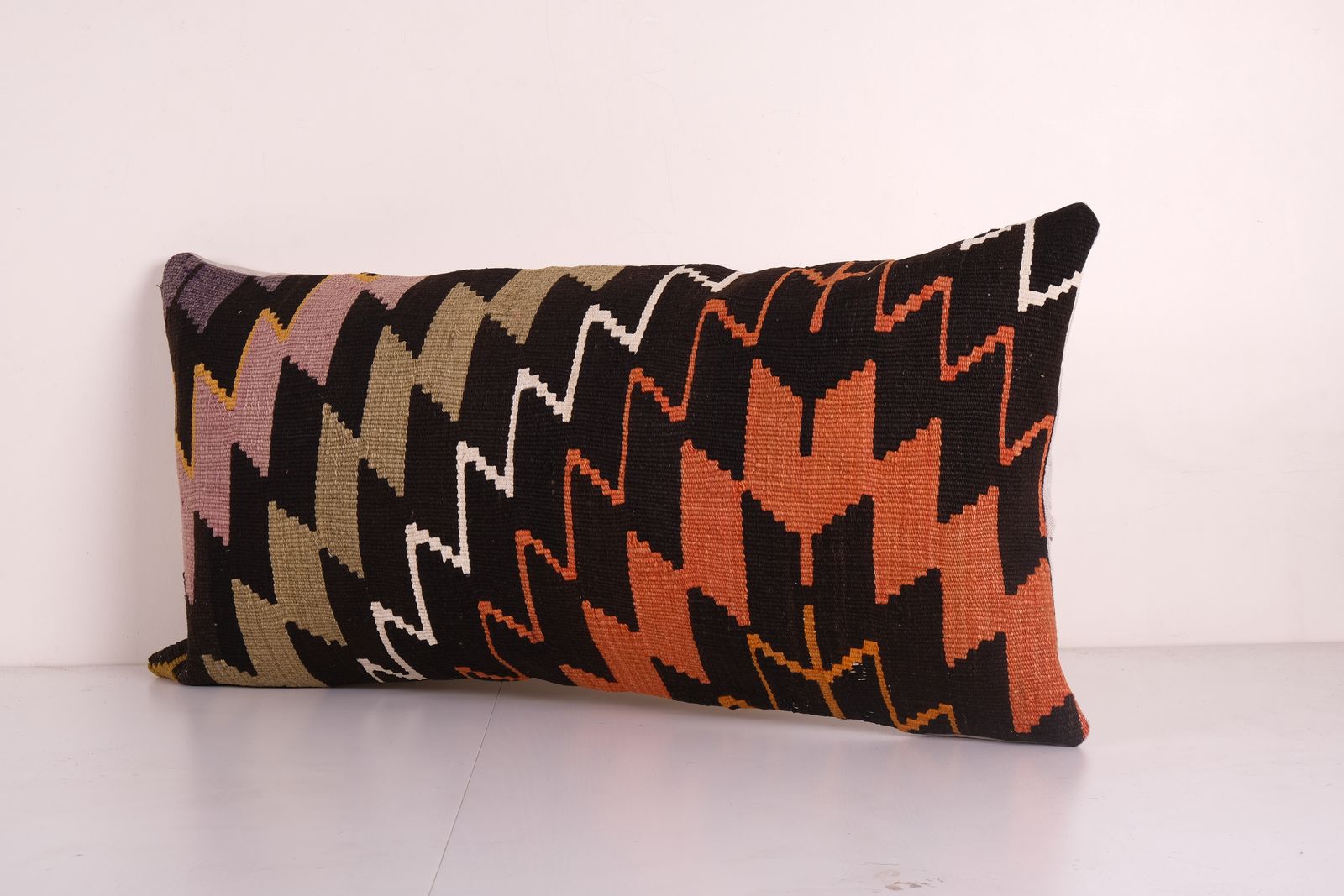 Turkish Extra Long Bedding Rug Pillow, Turkish Long Kilim Pillow Cover, Unique Nomadic Pillow Case Cover 18'' X 36'' photo for sale