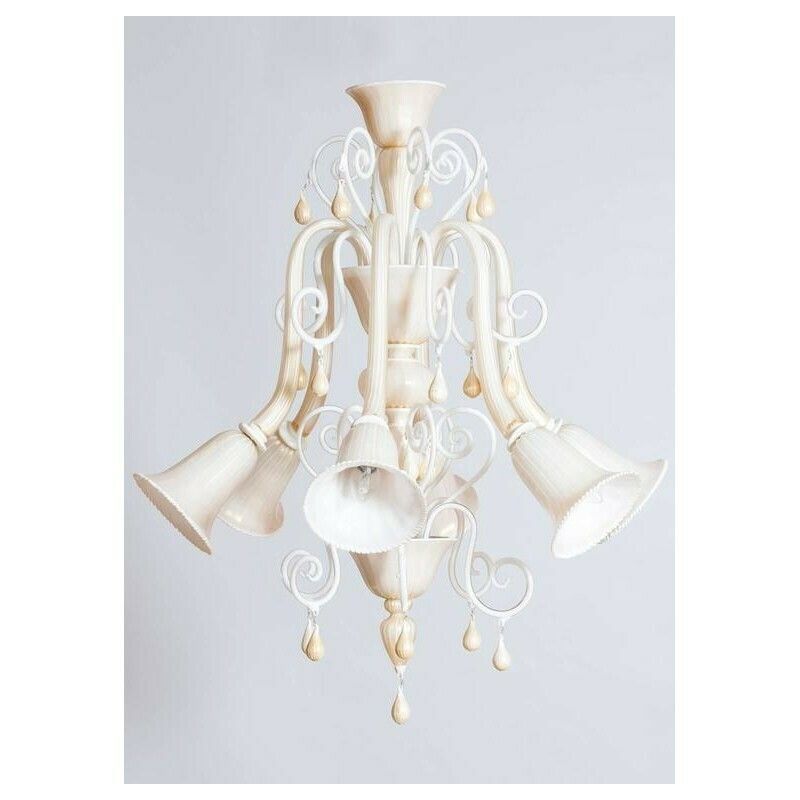 Italian Venetian, Chandelier Blown Murano Glass, Ivory & Gold 24k, Seguso, 1990s photo for sale