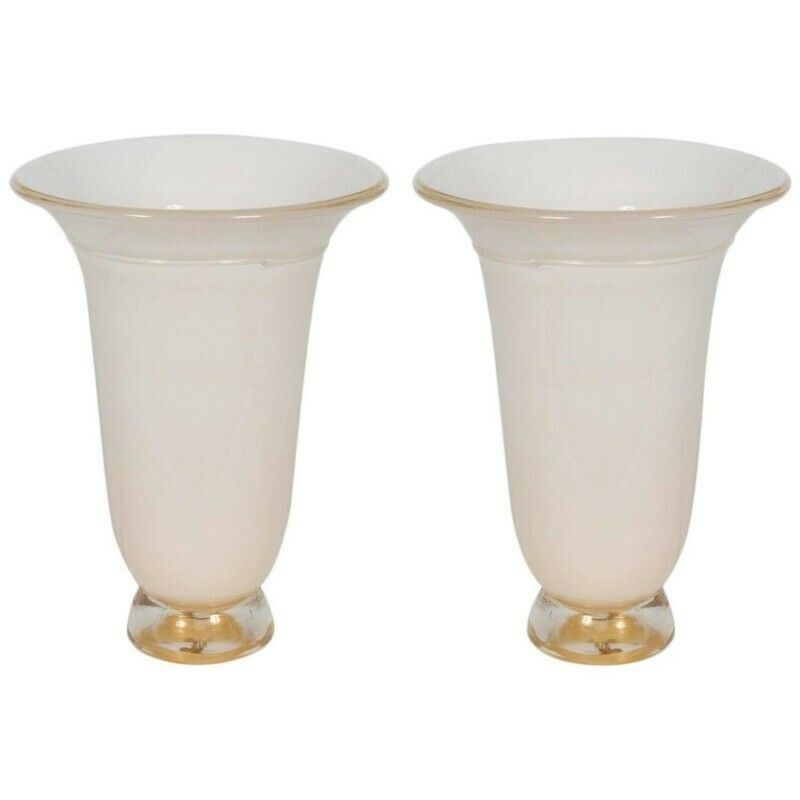 Pair Of White And Gold Italian Murano Glass Table Lamps Barovier, 1980s