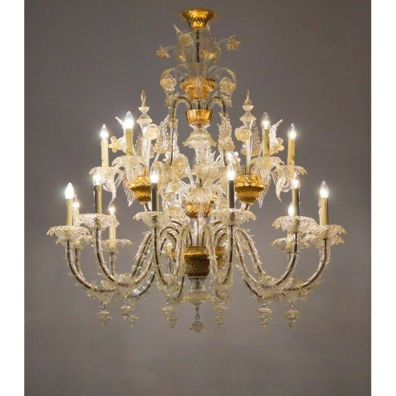 photo for sale Italian Ca' Rezzonico Chandelier In Blown Murano Glass Gold 1950s