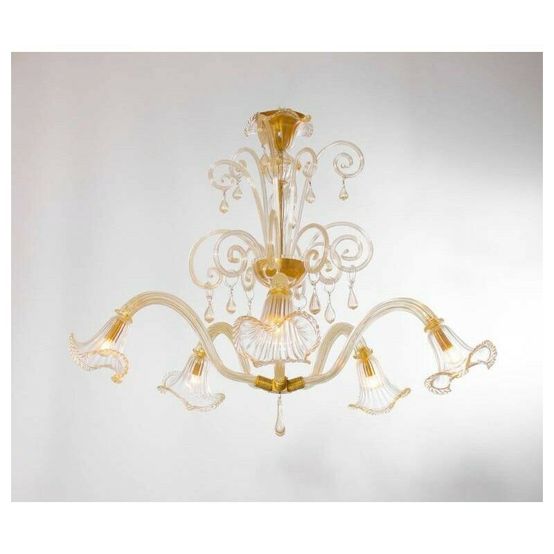 photo furniture Italian Chandelier In Gold And Blown Murano Glass, Big Bells And Pendants 1970s