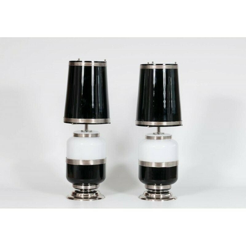 photo for sale Black And White Pair Of Italian Murano Table Lamps 1960s