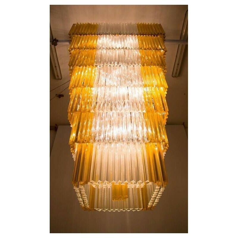 Massive Italian Flush Mount In Blown Murano Glass Clear Color And Amber, 1960s photo vintage