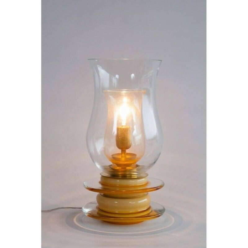 Italian Venetian, Table Lamp, Blown Murano Glass, Candle Shape, Gold Amber, 1970s photo furniture