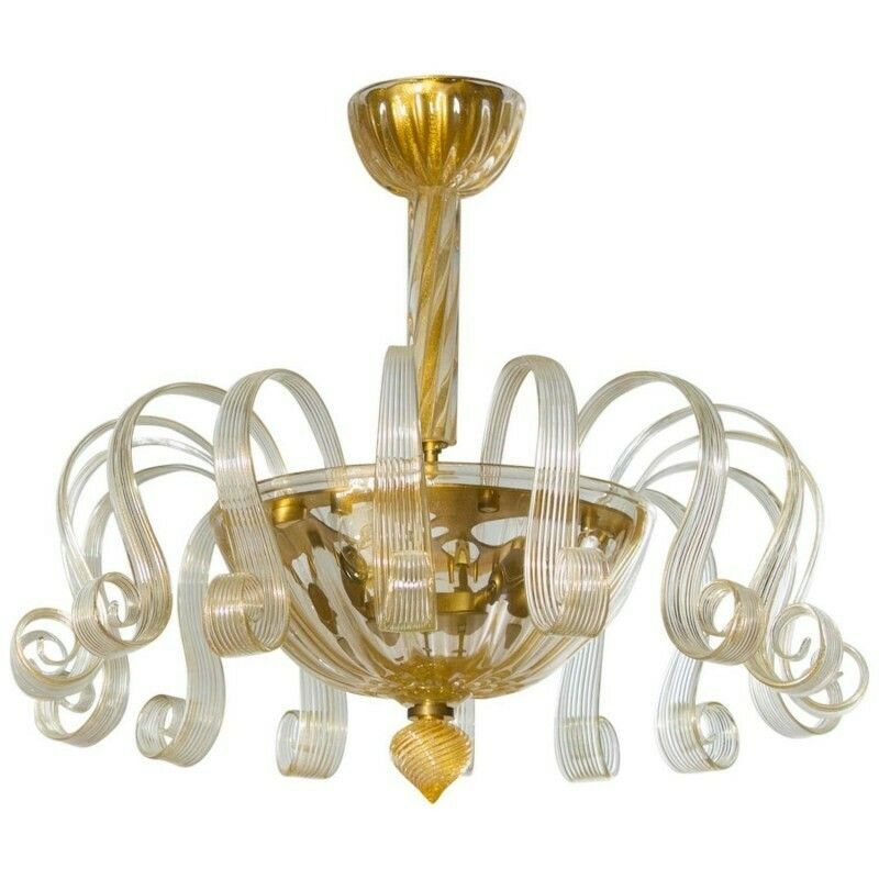Italian Venetian Flush Mount In Blown Murano Glass Gold 24 K Pastorals 1980s