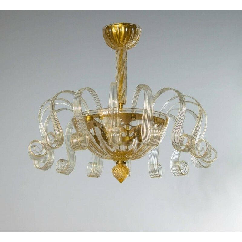 Italian Venetian Flush Mount In Blown Murano Glass Gold 24 K Pastorals 1980s photo for sale