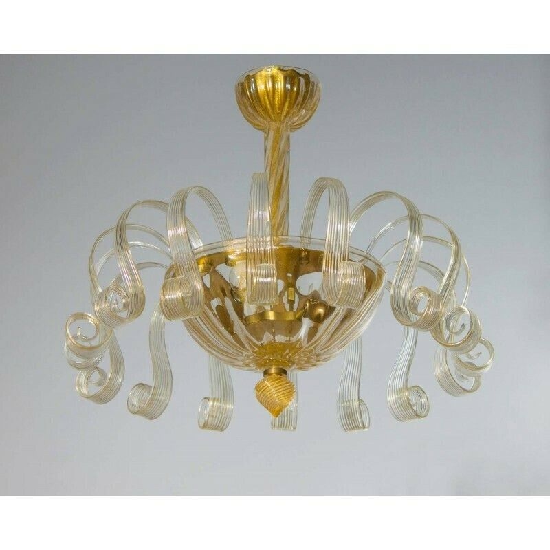 Italian Venetian Flush Mount In Blown Murano Glass Gold 24 K Pastorals 1980s photo Lighting
