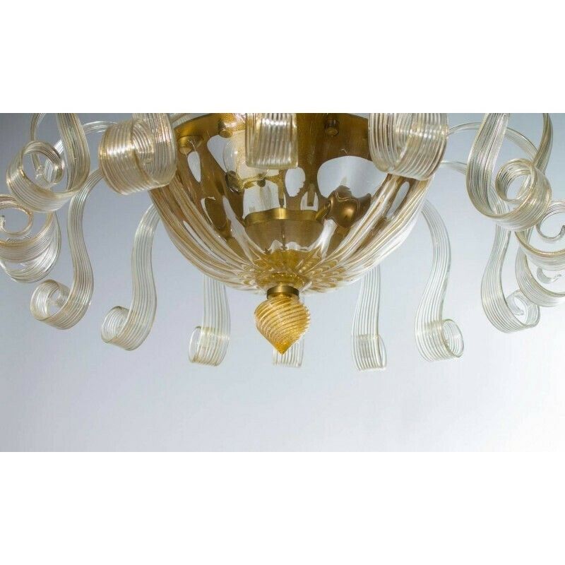Italian Venetian Flush Mount In Blown Murano Glass Gold 24 K Pastorals 1980s photo buy