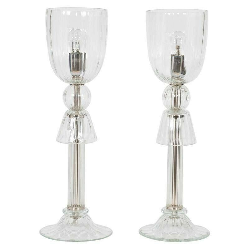 Pair Of Italian Venetian Table Lamps In Murano Glass Clear Color, 1990s Italy