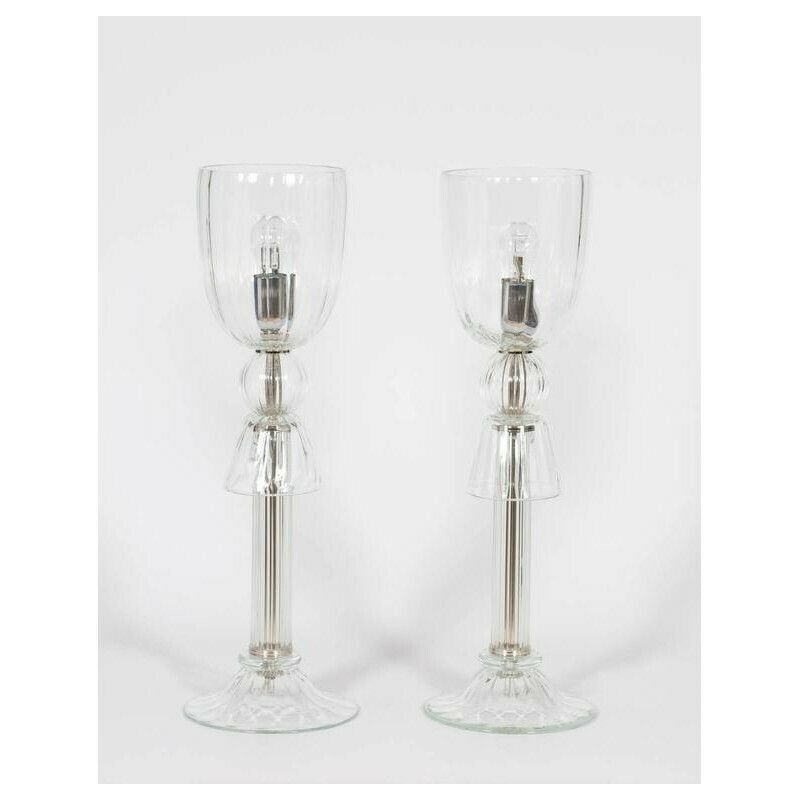 Pair Of Italian Venetian Table Lamps In Murano Glass Clear Color, 1990s Italy photo for sale