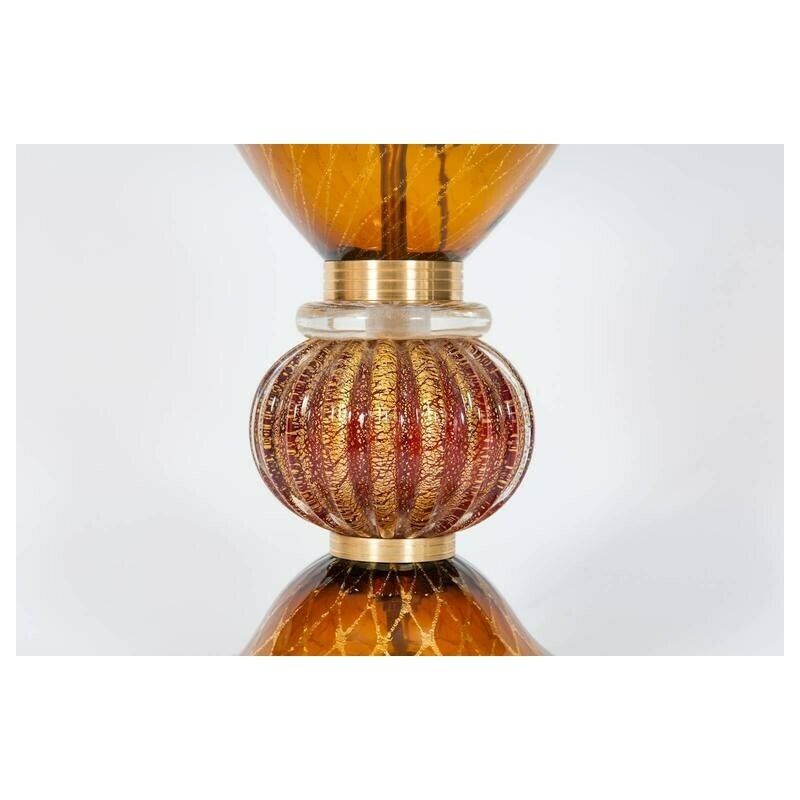 Italian Table Lamp In Blown Murano Glass Amber & 24 Karat Gold 1980s photo vinterior