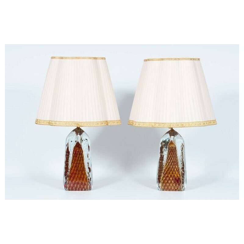 Pair Of Italian Table Lamps In Murano Glass Red With 24 Karat Gold Handcrafted * photo for sale