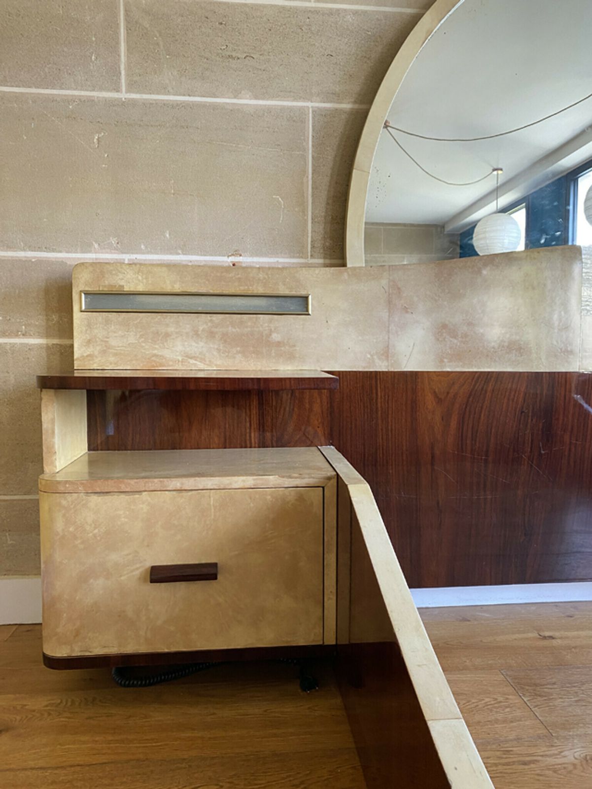photo furniture Large Bed With Integrated Bedside Tables In Rosewood And Parchment, Art Deco, 20th Century