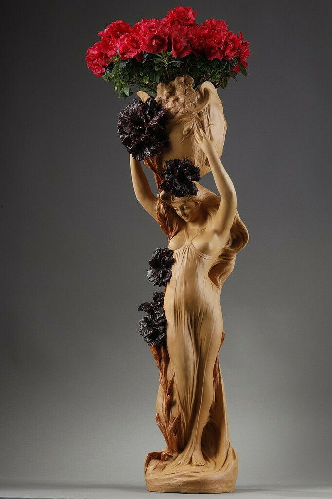 Polychrome Terracotta Sculpture, "Woman With A Basket" Signed Capaldo, 20th Century