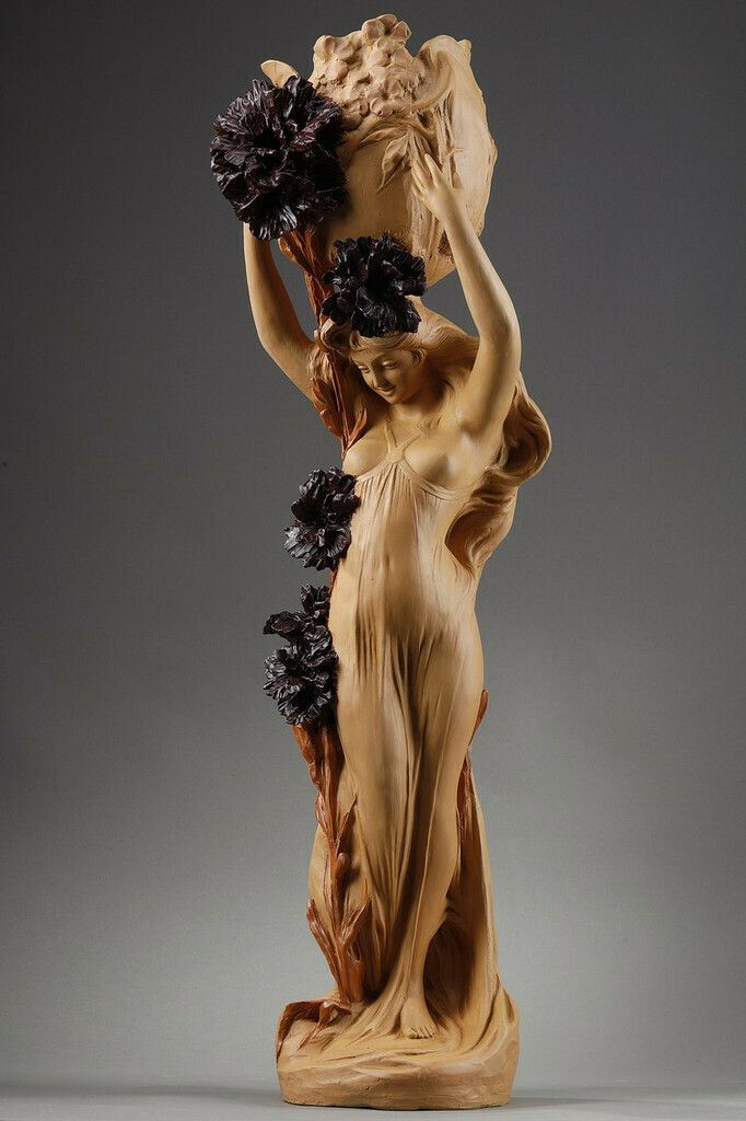 Polychrome Terracotta Sculpture, "Woman With A Basket" Signed Capaldo, 20th Century photo for sale