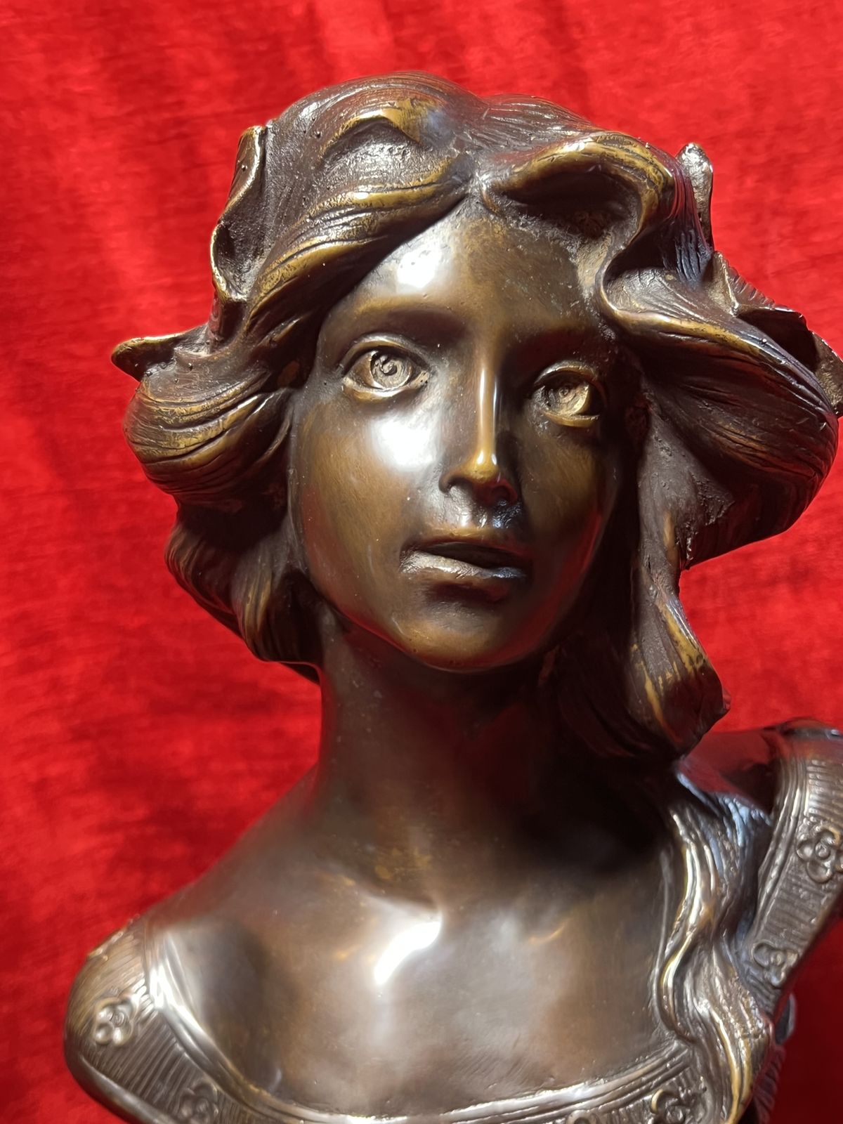 Art Nouveau Mucha Bronze Idealised Female Bust With Floral Motifs Set Upon Black Marble Base photo Art