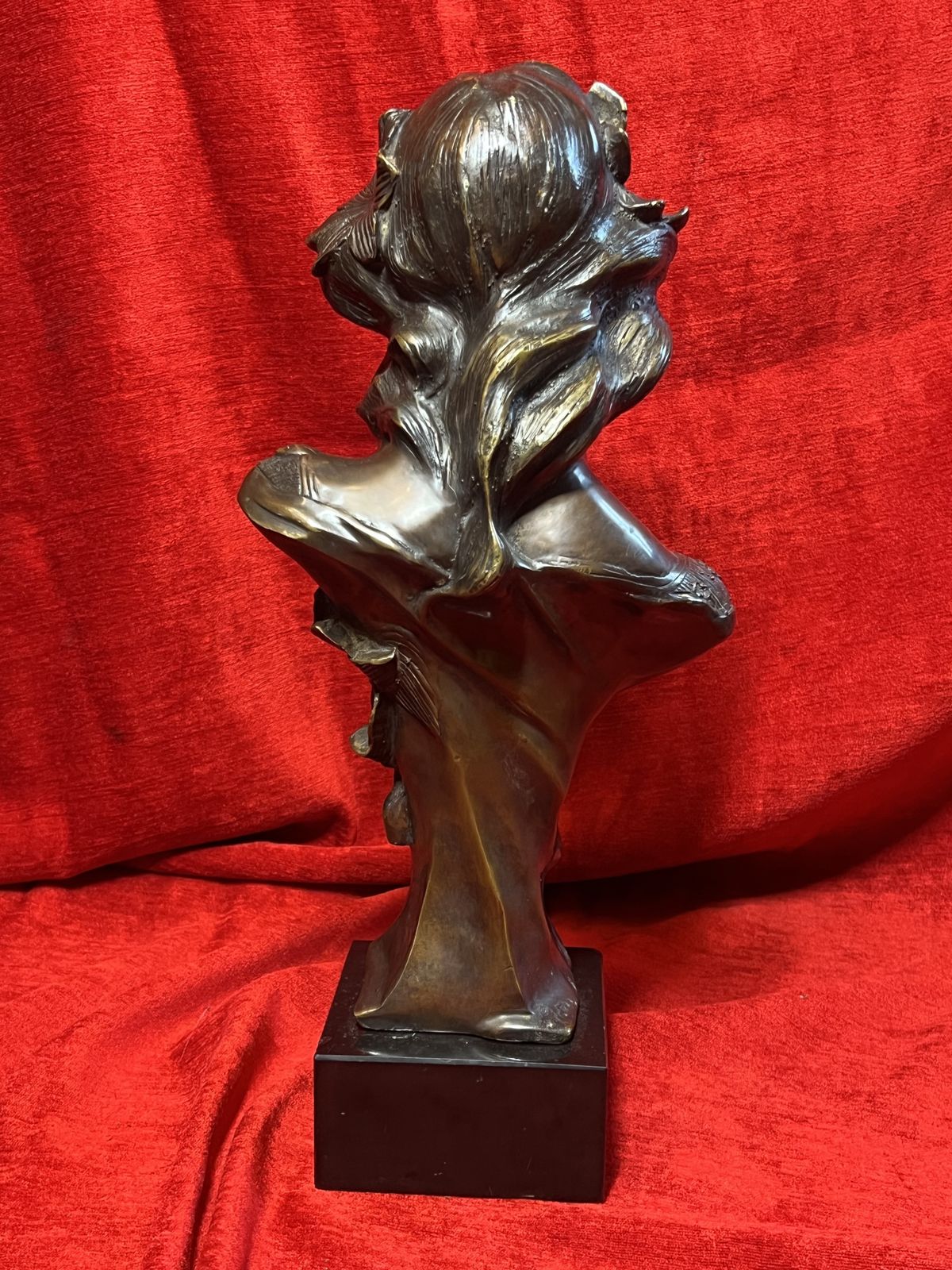 Art Nouveau Mucha Bronze Idealised Female Bust With Floral Motifs Set Upon Black Marble Base photo vintage