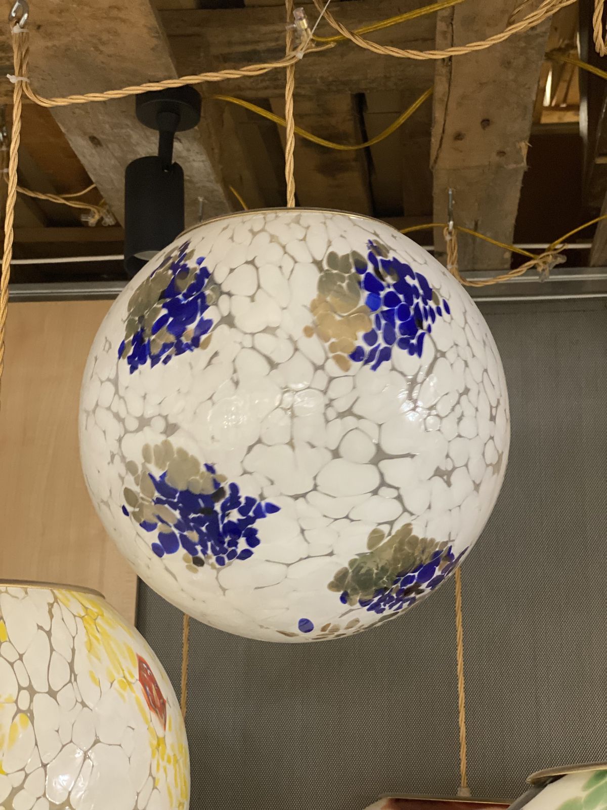 Contemporary Milky White Sphere In Murano Glass With Blue And Gold Leaf Murrine photo Lighting
