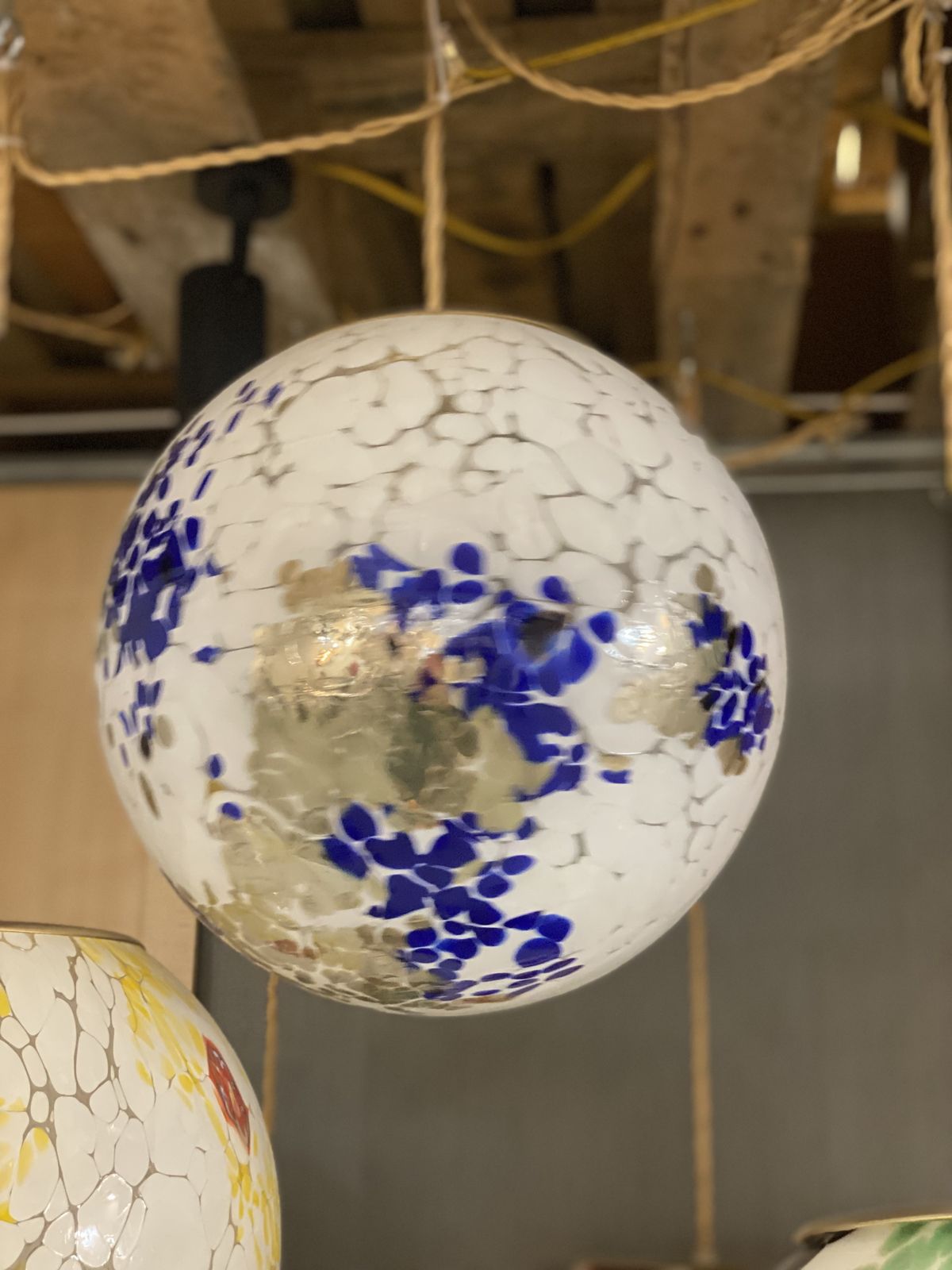 Contemporary Milky White Sphere In Murano Glass With Blue And Gold Leaf Murrine photo buy