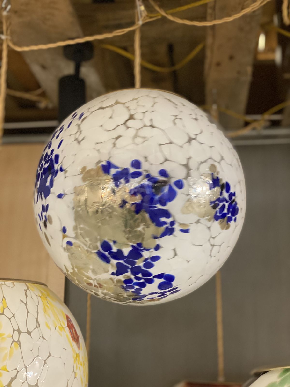 Contemporary Milky White Sphere In Murano Glass With Blue And Gold Leaf Murrine photo vintage