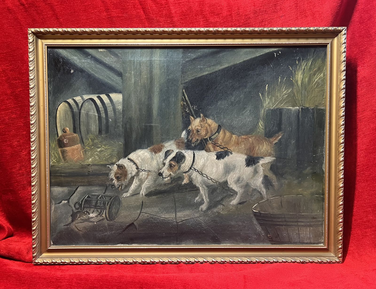 Art British 19th Century Oil Painting 'Terriers In Baited Breath' In The Manner Of British Artist Robert Cleminson photo
