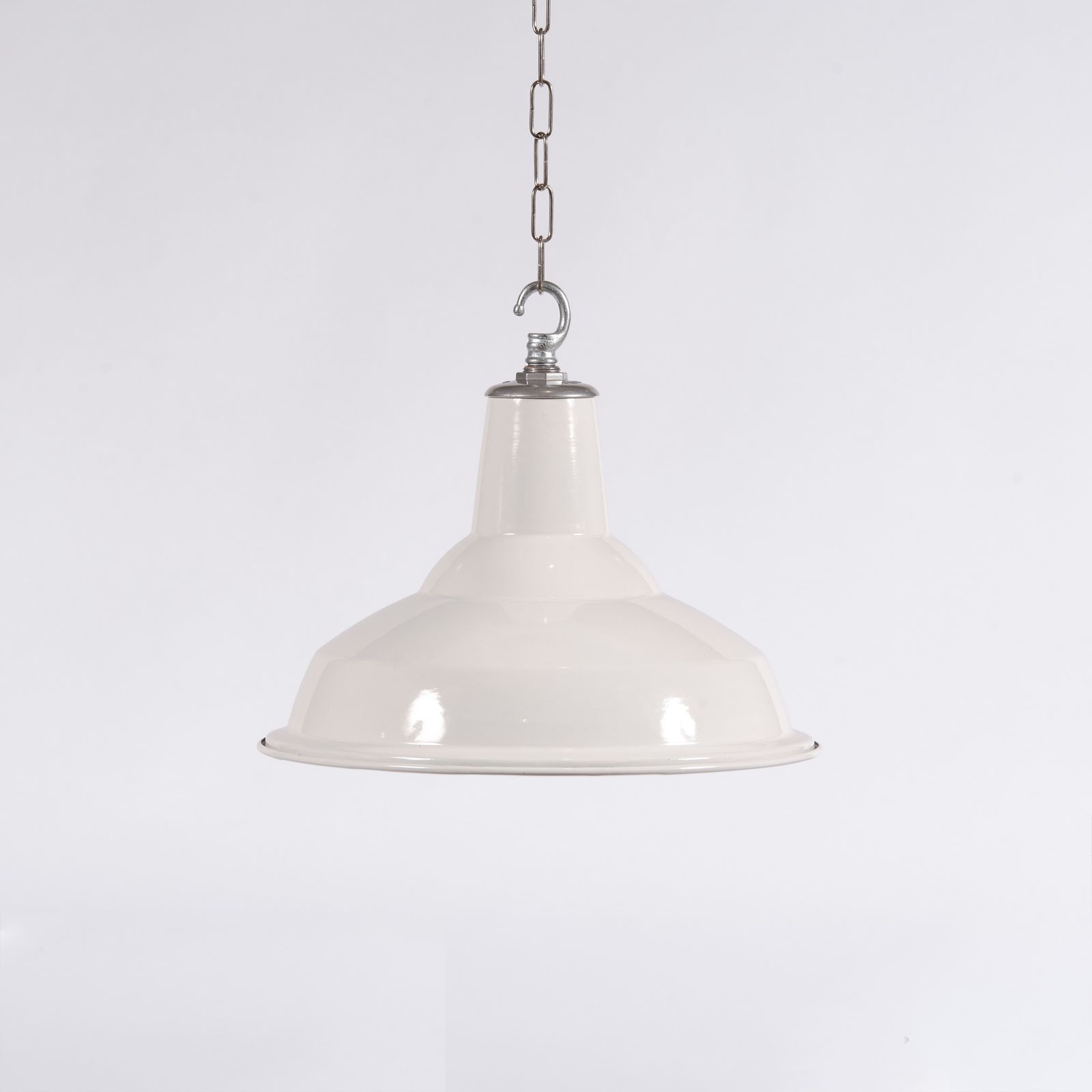 Pair Of Reclaimed White Enamel Industrial Pendants By Benjamin Electric photo for sale