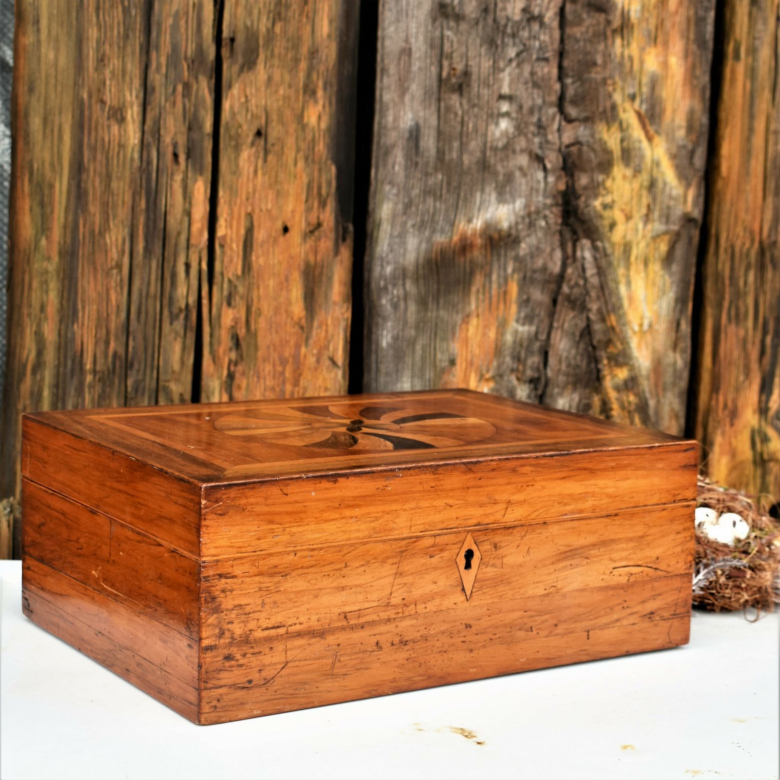 Antique Victorian English Marquetry Specimen Fruit Wood Sewing Jewellery Box photo vinterior