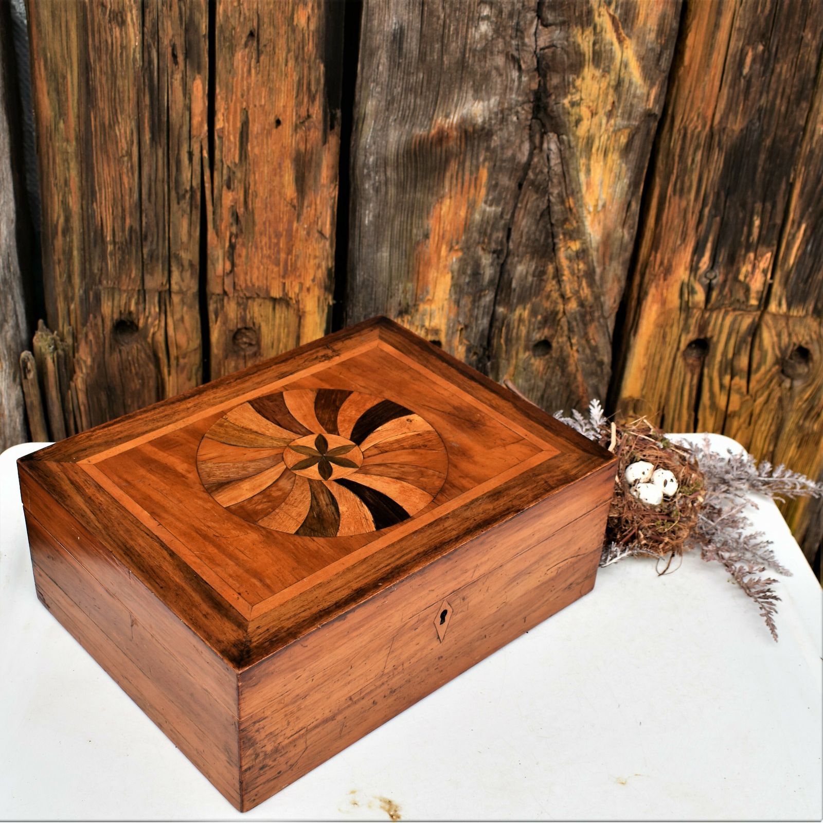 Antique Victorian English Marquetry Specimen Fruit Wood Sewing Jewellery Box photo buy