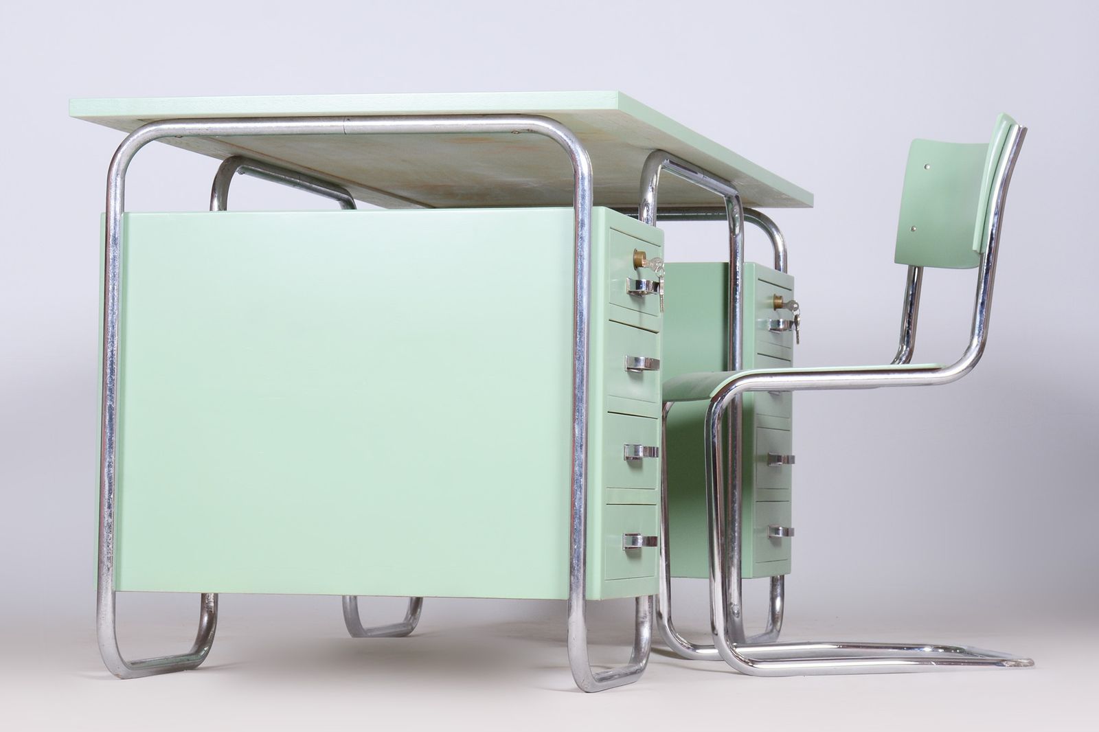 photo for sale Bauhaus Writing Desk And Chair, Marcel Breuer, Thonet, Chrome Plated Steel, Lacquered Wood, Czechia, 1930s