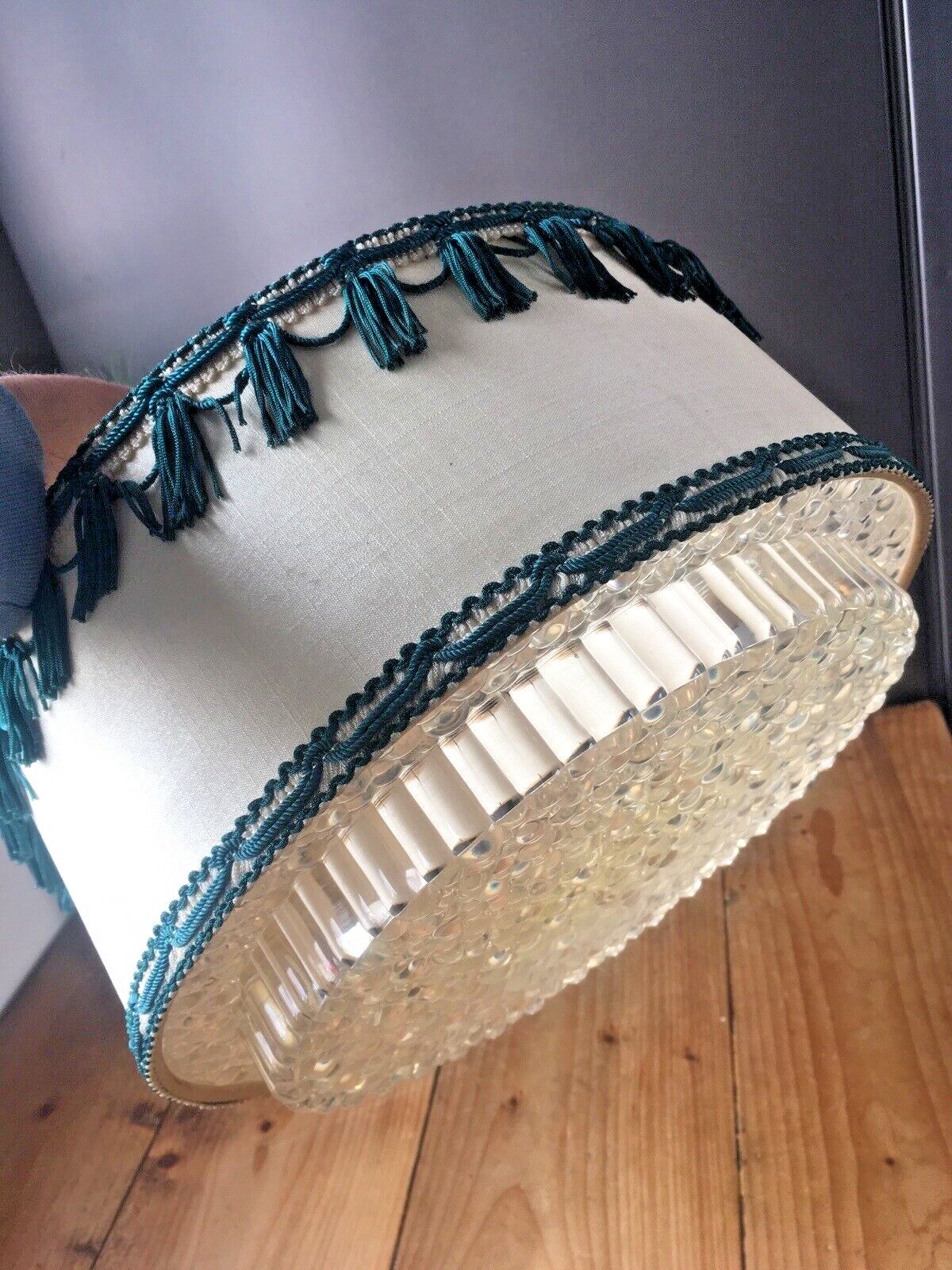 Mid Century 60's Tassel Fabric Knobbly Plastic Scandi Ceiling Light Lamp Shade photo furniture