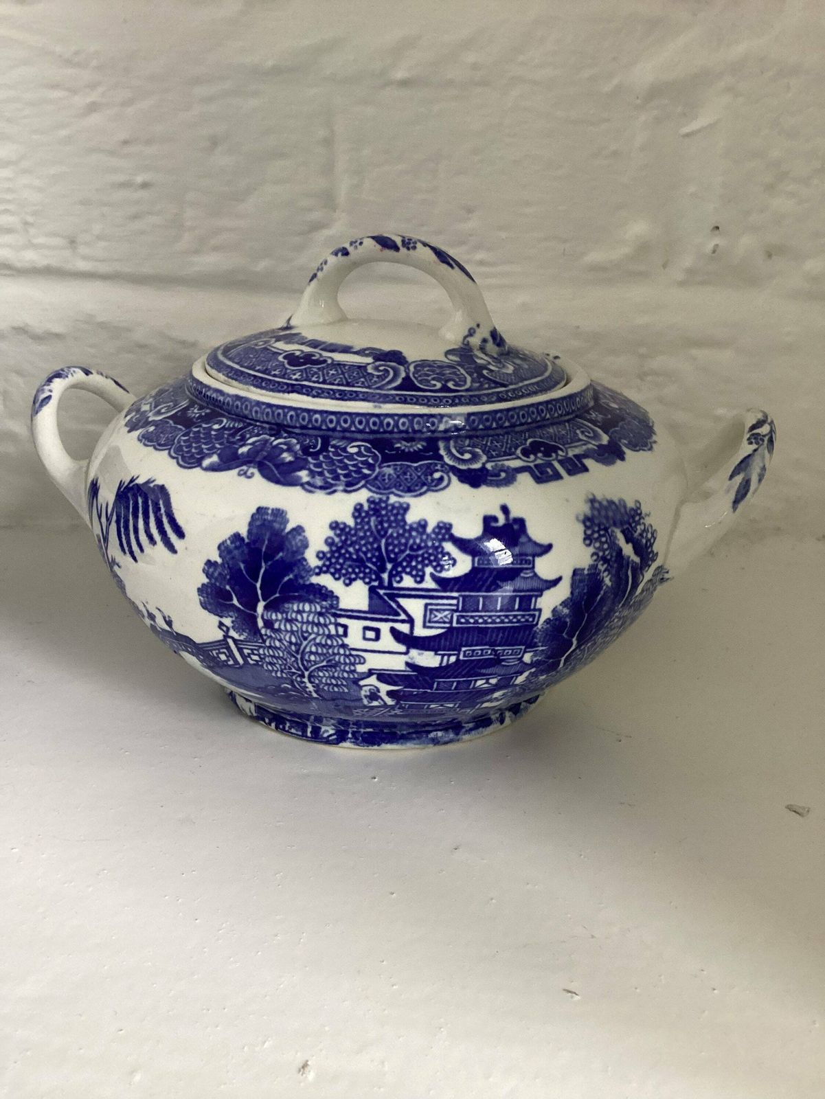 Antique W Ridgeway Semi China Willow Blue And White Sugar Bowl Lidded Pot Willow Blue Early Example 1850 1899 photo furniture