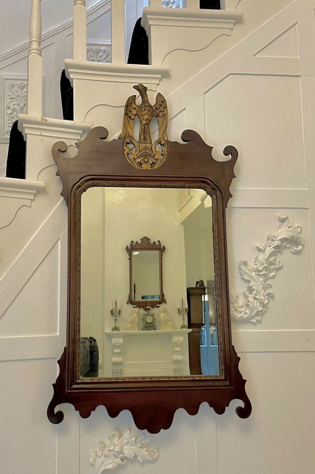 Large Antique  Inlaid And Gilt Mahogany Fretted Wall Mirror