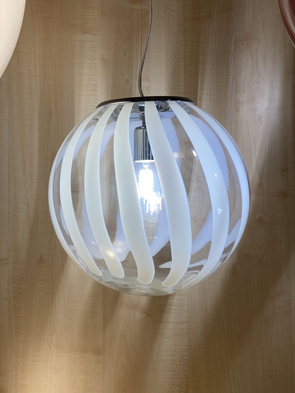 Contemporary Transparent And White Sphere Pendant In Murano Glass