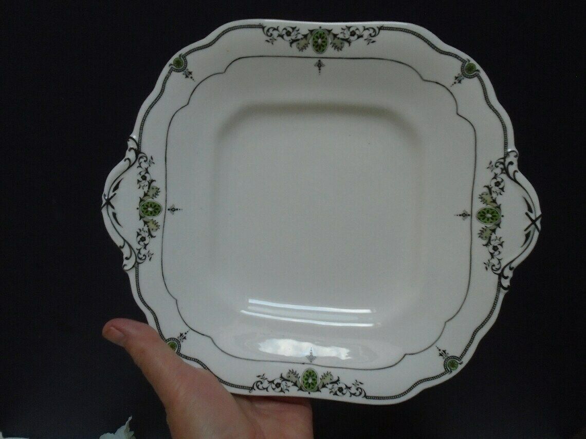 Antique Aynsley White Porcelain Tea Or Coffee Set 2 Demitasse Cups Saucers Tea Plates 1 Cake Serving Plate Black And Green Accents photo 171.0