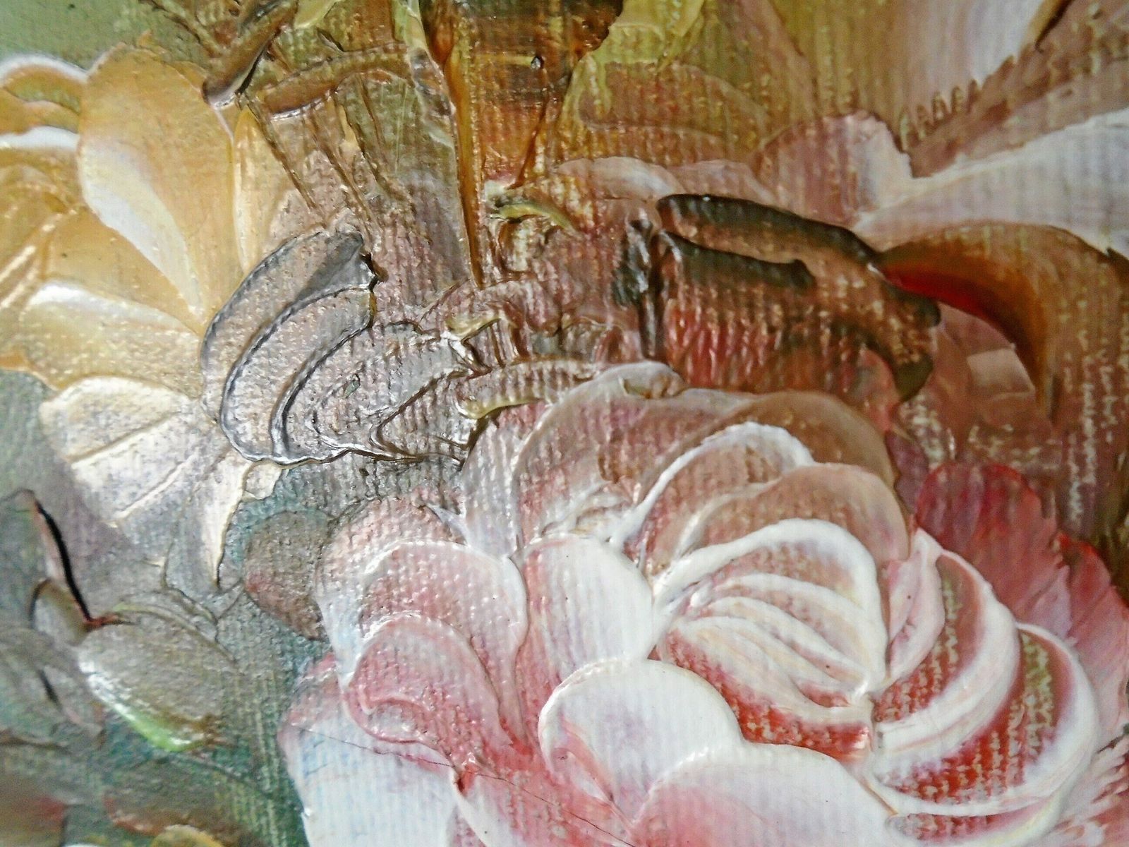 Vintage Original Gilt Framed Still Life Floral Oil Painting Signed By Artist 'Fields', Pastel Rose Wall Art photo for sale