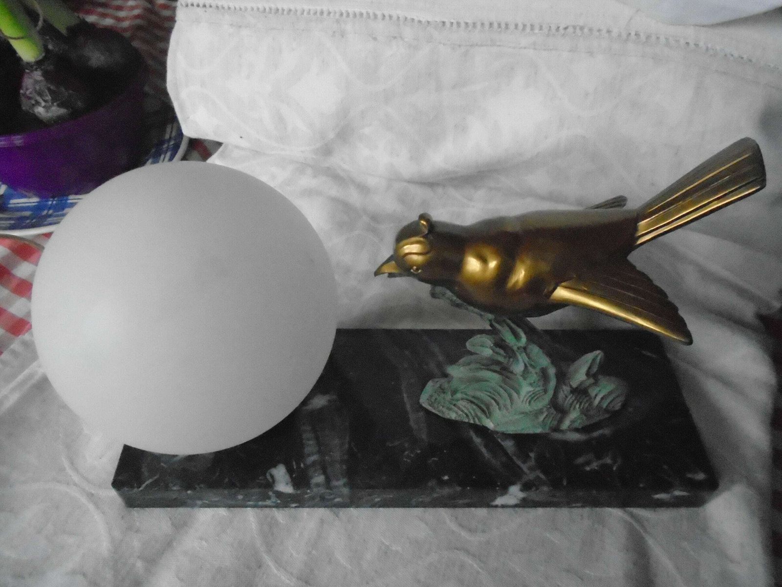 Vintage Art Deco French Marble, Brass And Glass Table Lamp, Gold Brass Bird And White Globe Shade photo furniture